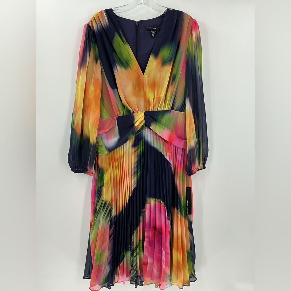 Maggy London Multi-Color Pleated V-Neck Dress